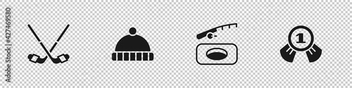 Set Ice hockey sticks, Winter hat, fishing and Medal icon. Vector