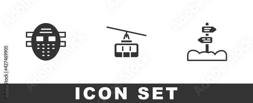 Set Hockey mask, Cable car and Road traffic signpost icon. Vector