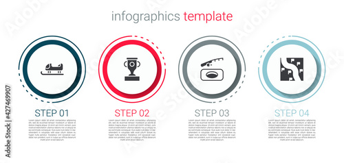 Set Sled, Award cup, Winter fishing and Route location. Business infographic template. Vector