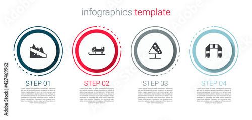 Set Mountain descent, Sled, Road sign avalanches and Winter scarf. Business infographic template. Vector