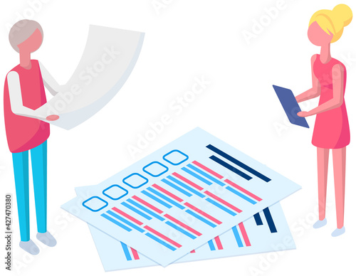 Businesswomen check correctness of questionnaire. Online form survey with answers, quiz exam