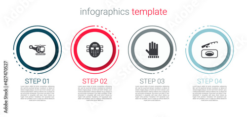 Set Rescue helicopter, Hockey mask, Christmas mitten and Winter fishing. Business infographic template. Vector