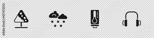 Set Road sign avalanches, Cloud with snow, Meteorology thermometer and Winter headphones icon. Vector