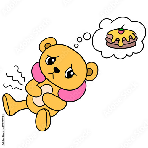 A bear cub with a sad face because she imagines a delicious sweet cake. doodle icon image kawaii