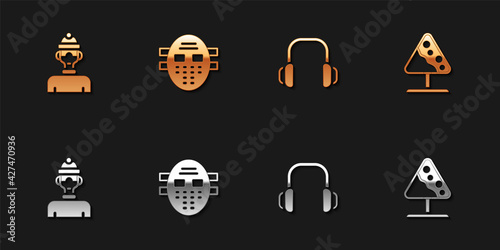 Set Winter athlete, Hockey mask, headphones and Road sign avalanches icon. Vector