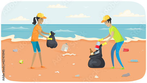 Young people are collecting garbage and waste on contaminated areas of sand on ocean bank