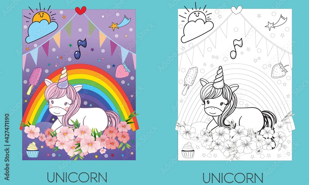 Baby Unicorn Vector and Coloring Page Stock Vector | Adobe Stock