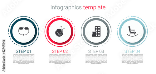 Set Eyeglasses, Yarn ball with knitting needles, Pills blister pack and Rocking chair. Business infographic template. Vector
