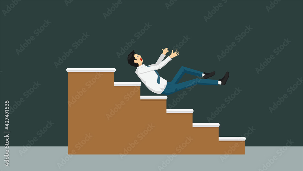 Businessman in relax business suit Sitting at the end of the steps brown color. Protective pads on the steps or Failed stock play. Isolated vector illustration on dark background. Businessman in relax business suit Sitting at the end of the steps brown color. Protective pads on the steps or Failed stock play. Isolated vector illustration on dark background.