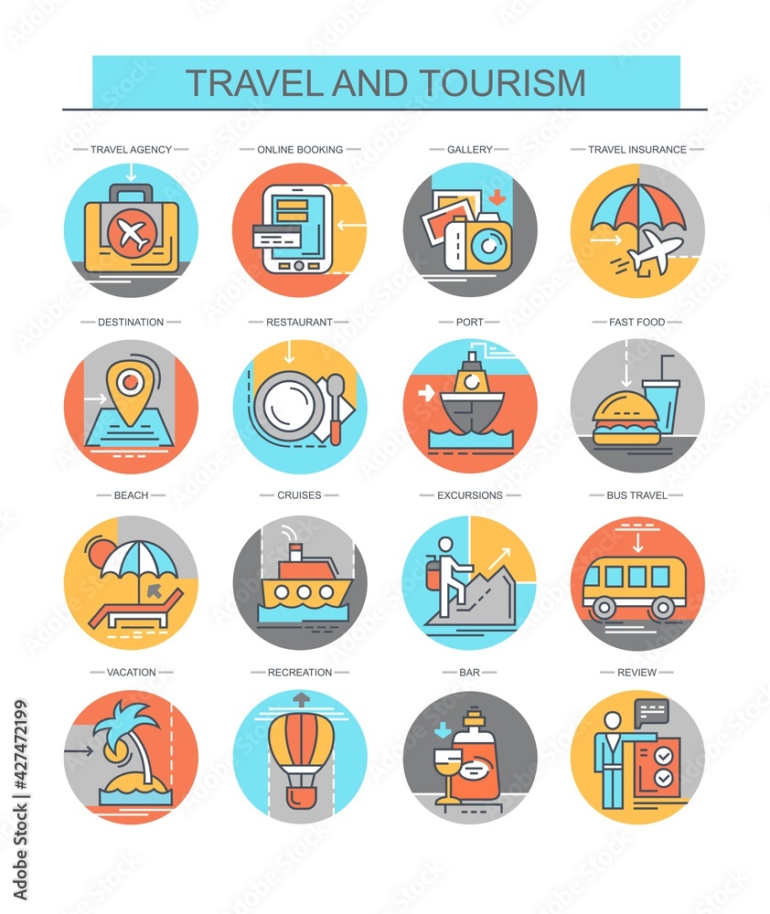 Travel and tourism. Relaxation. Set of vector, flat, linear icons. The set contains icons such as excursions, cruise, beach, restaurant, all inclusive and others.