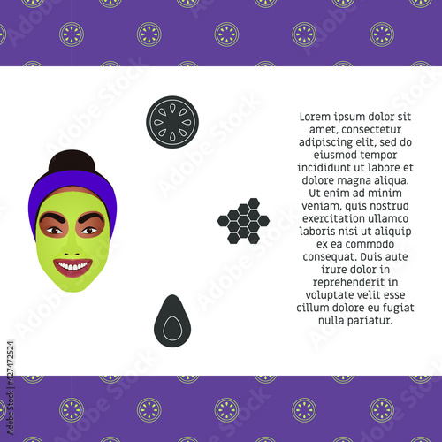 Girl in a green face mask. Homemade mask recipe with cucumber, honey and cream Template with ingredients and place for text. The face of a smiling girl.