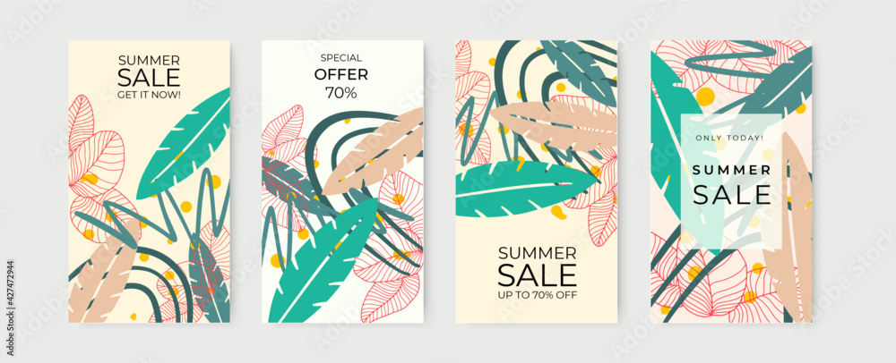 Fototapeta premium Set of universal hand drawn floral template for cover with summer flower. Home decor, backgrounds, cards. Children abstract and floral design in doodle style. Vector illustration and seamless pattern