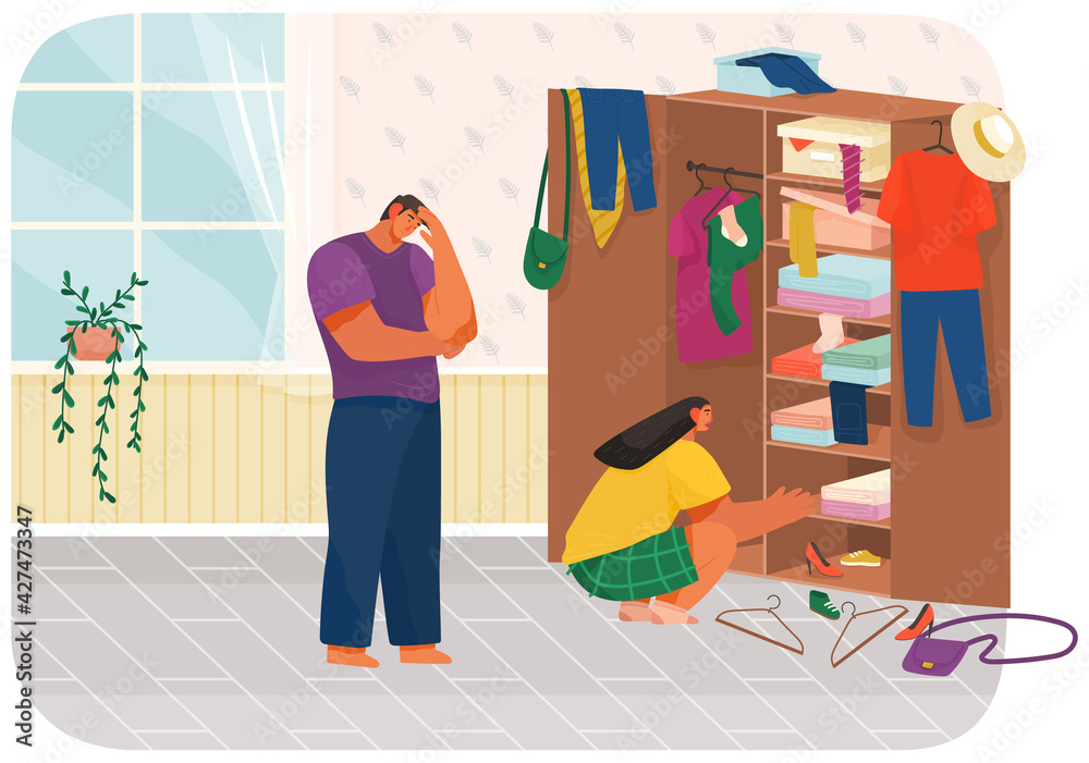 Family doing housework, couple man and woman clean house, putting clothes in wardrobe or closet Family doing housework, couple man and woman clean house, putting clothes in wardrobe or closet