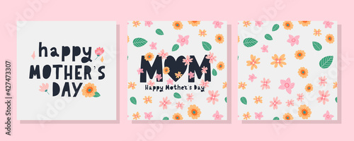 Set cards to the Happy Mother's Day. Calligraphy and lettering. Vector illustration on white background flowers pattern