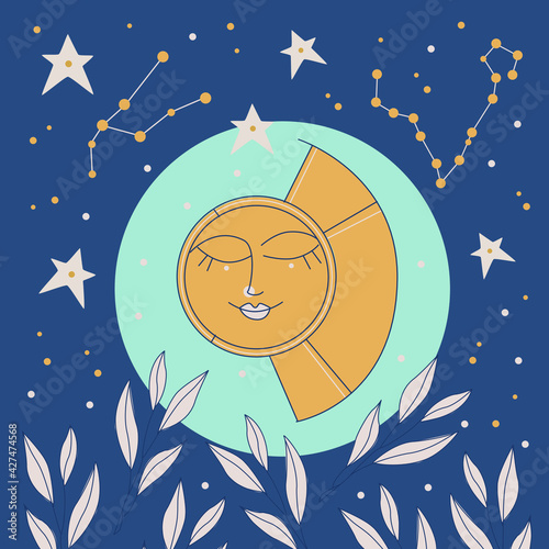 Sleeping sun on the moonlight illustration, vector illustration. Cute illustration 