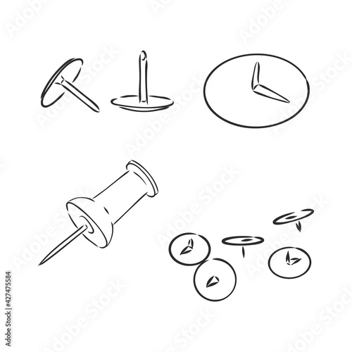 set of buttons, pins and paper clips in doodle style. Elements are drawn by hand and isolated on a white background. Black and white vector illustration. Stationery for business and creativity