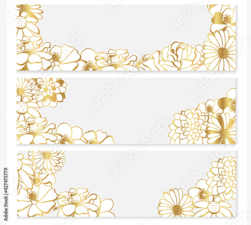 Vector banner with golden flowers on a white background. Contour flowers.
