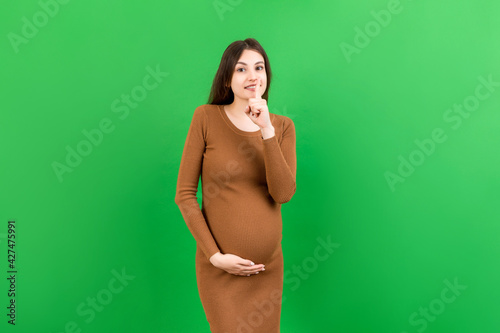 Young beautiful brunette woman pregnant expecting baby over isolated colored background asking to be quiet with finger on lips. Maternity Silence and secret concept