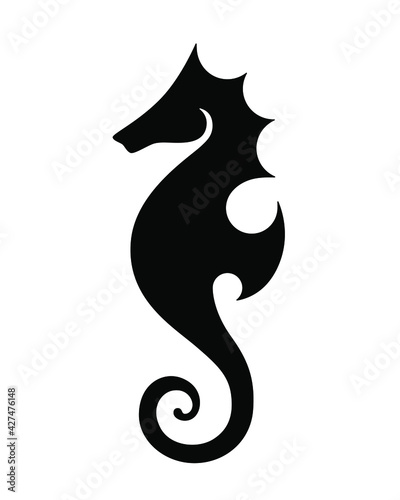 Sea horse vector illustration isolated silhouette. For logo, tattoo, emblem, icon, symbol. Stylized graphic seahorse. Black on white background.