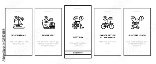 Rental Service Business Onboarding Mobile App Page Screen Vector. House And Apartment, Car And Airplane, Boat And Crane Truck, Bicycle And Wheel Chair Rental Illustrations