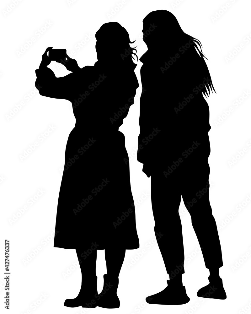 Young woman holds a smartphone in her hand. Isolated silhouettes of people on a white background