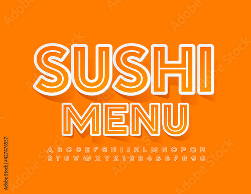 Vector stylish Banner Sushi menu. Trendy Creative Font. Original Alphabet Letters and Numbers