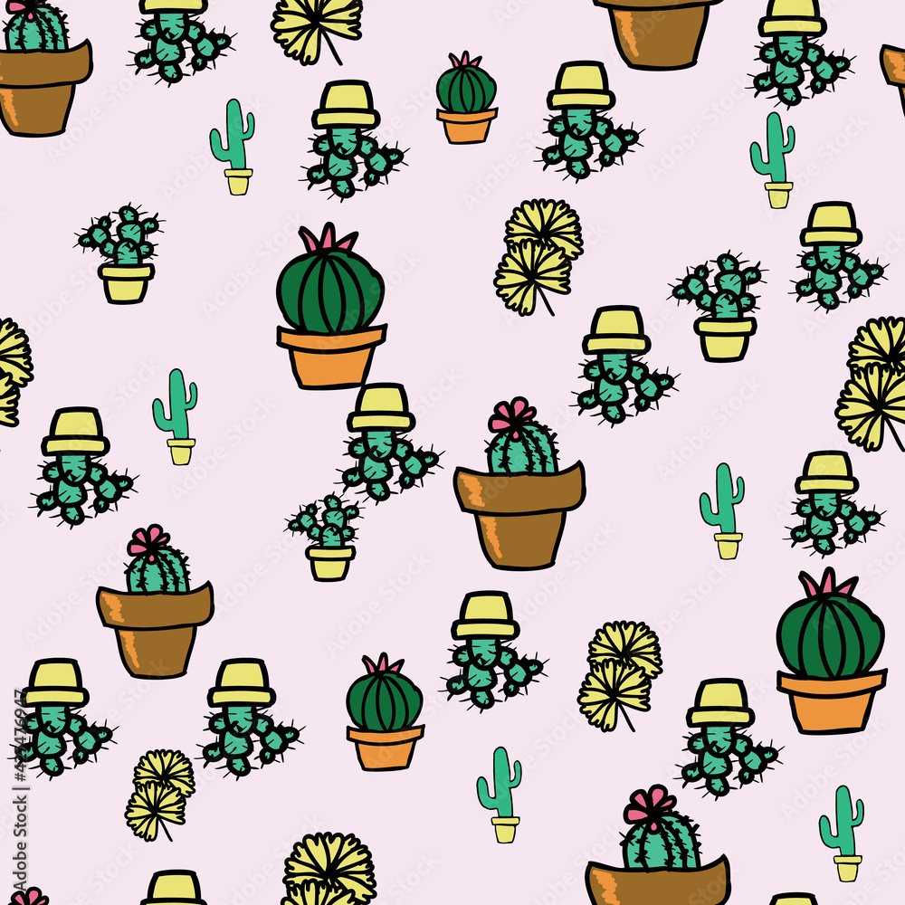 Vector pink background cactus plant in pot, succulents seamless pattern. Seamless pattern background