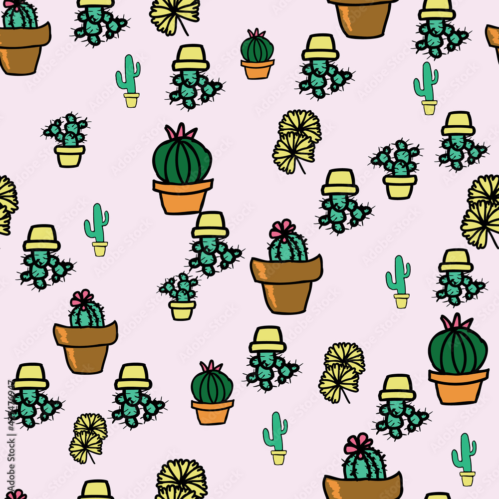 Vector pink background cactus plant in pot, succulents seamless pattern. Seamless pattern background Vector pink background cactus plant in pot, succulents seamless pattern. Seamless pattern background