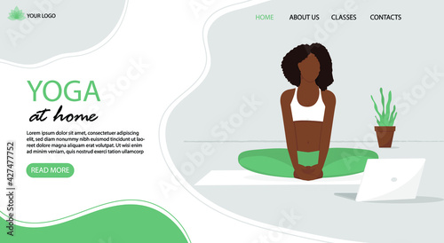 Online yoga classes, an African woman teaches yoga online. Banner for online yoga. Vector illustration, eps 10