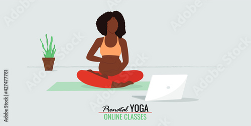 Black pregnant woman home yoga banner. Pregnant black woman practicing yoga online. Vector illustration. Eps 10