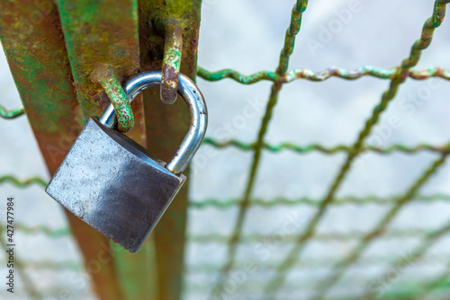 Dark colored padlock that closes a green gate. Protection of privacy and of one's own spaces. Closing.  photo