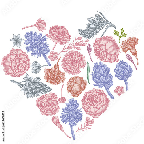 Heart floral design with pastel peony, carnation, ranunculus, wax flower, ornithogalum, hyacinth
