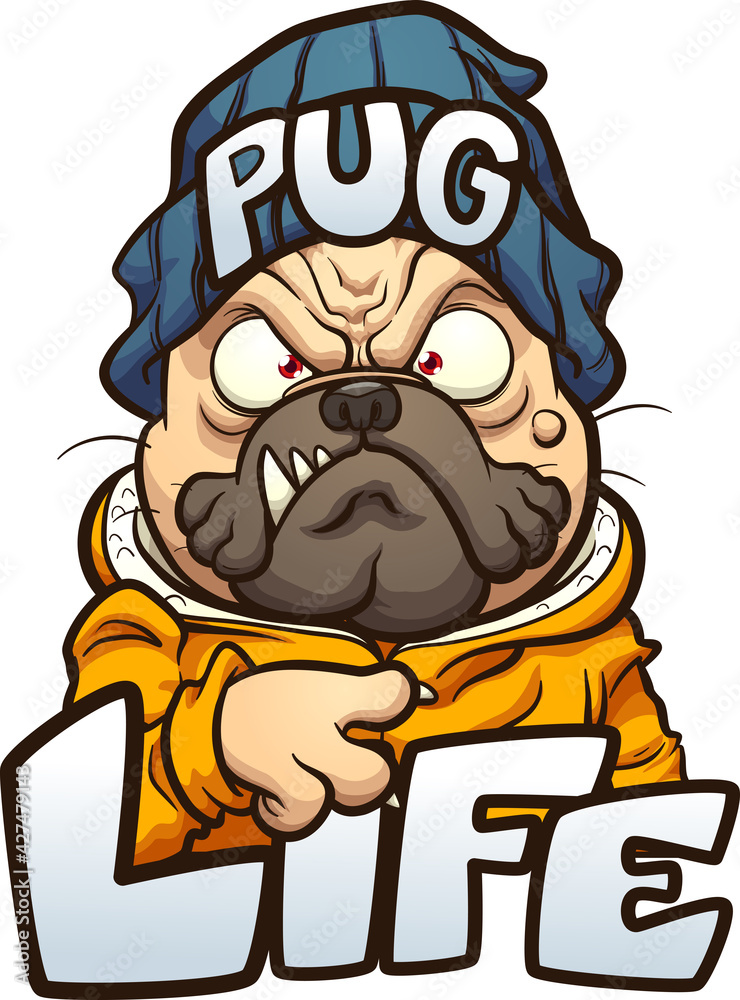 Cartoon pug dog with angry face wearing a beanie and the text Pug