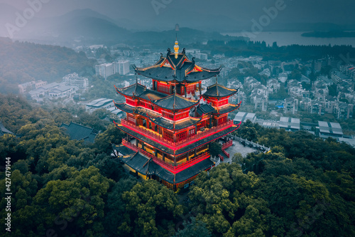 Aerial view of Chenghuang Pavilion on top of the mountain, Hangzhou, China photo