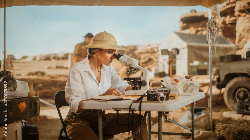 Archeological Digging Site: Great Female Archaeologist Doing Cultural Research, Discovers Ancient Civilization Historical Artifacts, Fossil Remains at Excavation Site, Study it Under Microscope - obrazy, fototapety, plakaty 