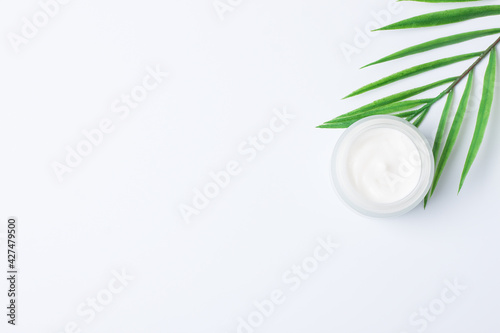 Jar of cosmetic cream with leaf palm branch on white background. Flat lay, copy space