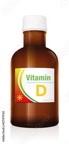 Vitamin D supplement medicine bottle, symbolic for artificial, synthetic or natural supplements to prevent lack of vitamins. Vector illustration on white background.
