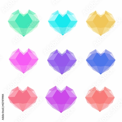 Vector illustration of isolated diamond hearts on the white background. Low poly style. 