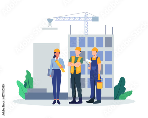 Team of builders and industrial workers. Contractors working on architecture project. Colleagues in uniform and hard hats. Man and woman industry or construction employees. Vector in flat style