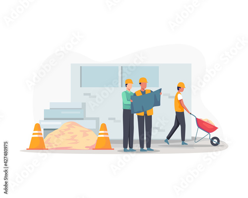 Building industry concept. Construction worker holding blueprint, Architects discuss a project. Construction of buildings according to drawings, Contractor and engineer character. Vector in flat style