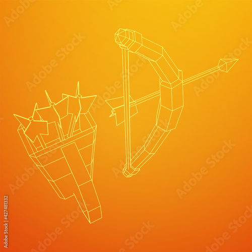 Medieval Bow and arrow archer weapon. Wireframe low poly mesh vector illustration.