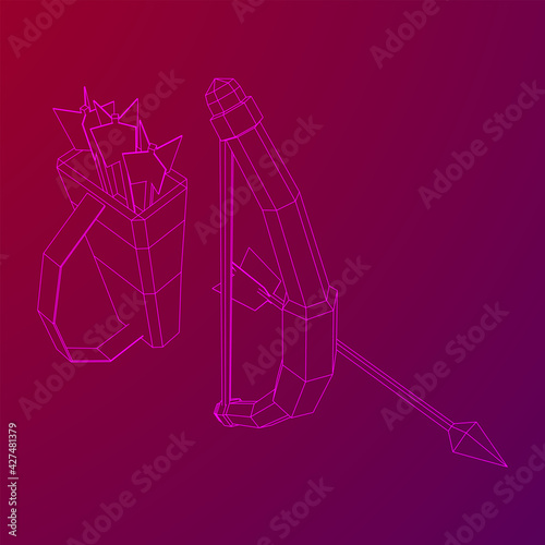 Medieval Bow and arrow archer weapon. Wireframe low poly mesh vector illustration.
