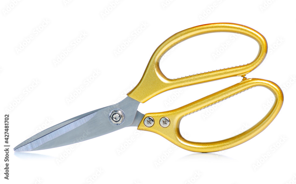 Gold scissors tool on white background isolation Gold scissors tool on white background isolation