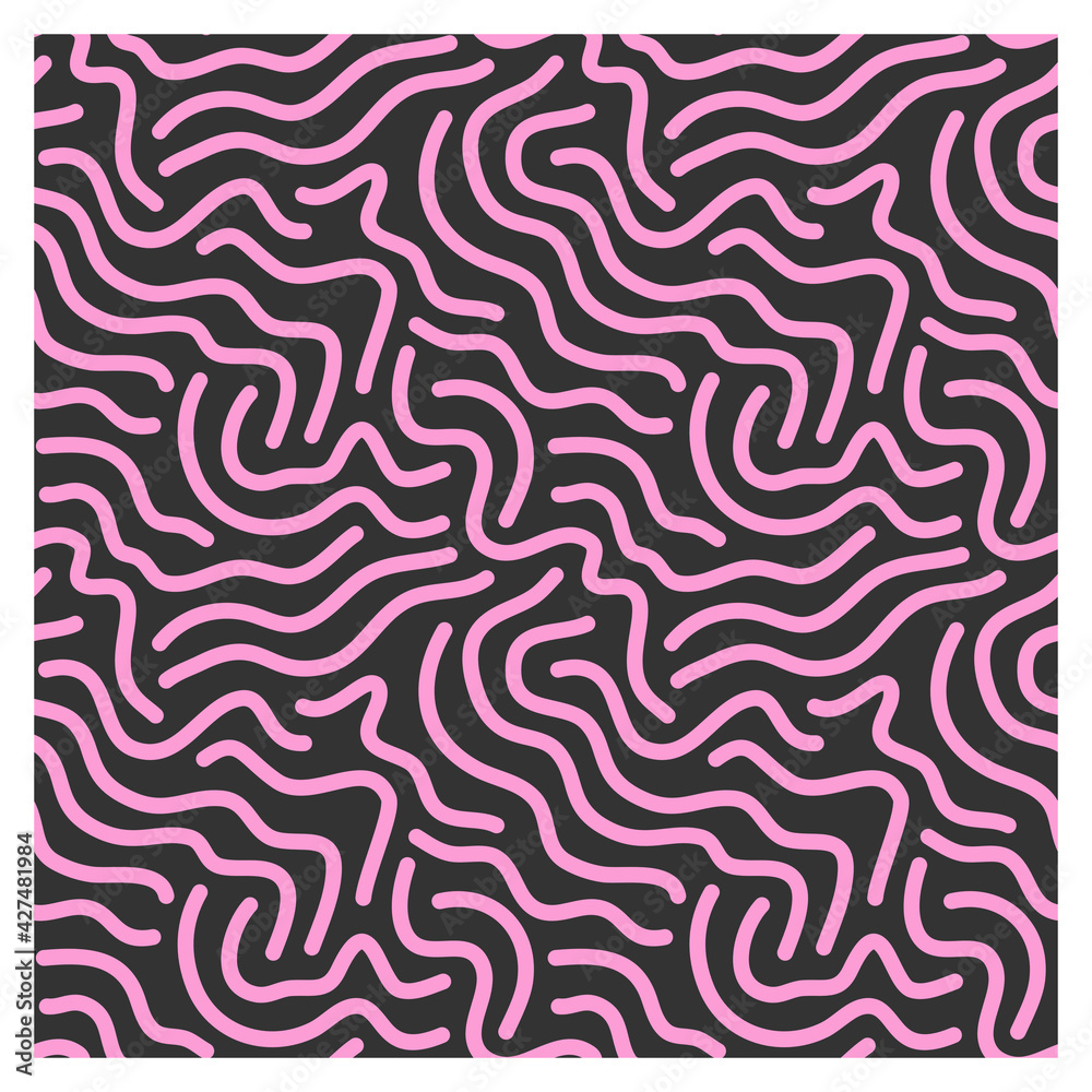 Seamless pattern of pink lines of scrawl on black background.