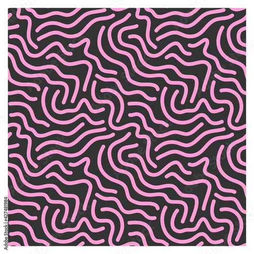 Seamless pattern of pink lines of scrawl on black background.