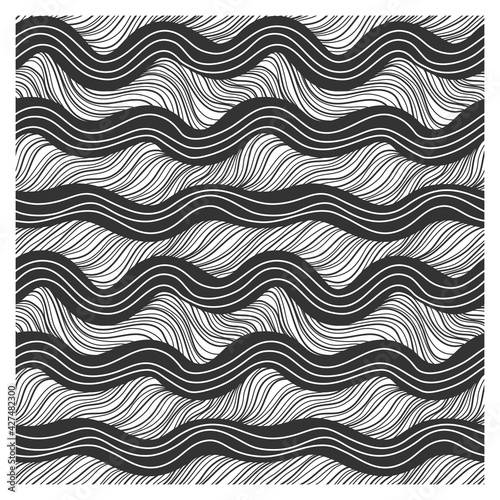 Seamless pattern with black stormy waves. Design for backdrops with sea, rivers or water texture. Repeating texture. Figure for textiles.