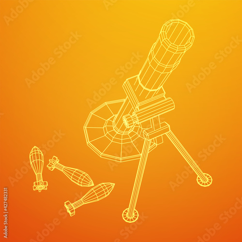 Firearm weapon army mortar and mine. Wireframe low poly mesh vector illustration