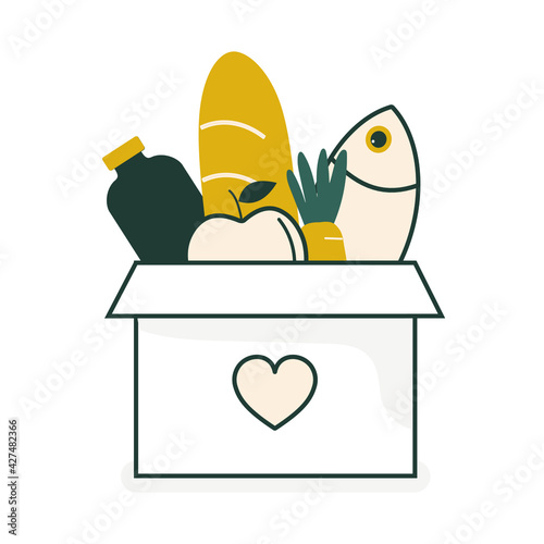 Food in a box in trendy colors 2021. Food donations. Charity food set: bread, milk, fruits and vegetables. Humanitarian volunteer assistance. Vector graphics.
