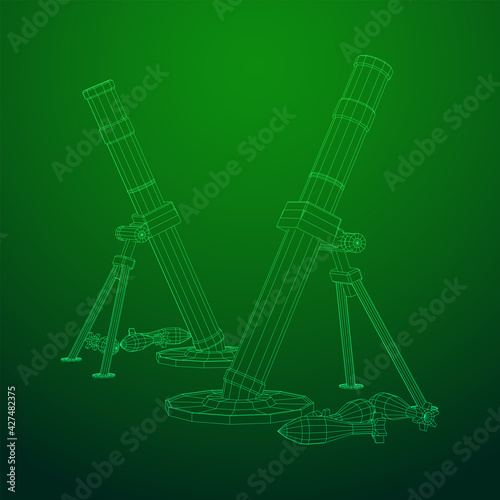 Firearm weapon army mortar and mine. Wireframe low poly mesh vector illustration
