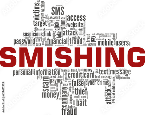 Smishing (SMS Phishing) vector illustration word cloud isolated on a white background.